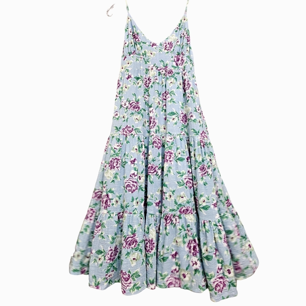 Lulu's Bliss Abound Bliss Baby Blue w/Purple Roses Ruffle Tiered Midi Dress - Picture 3 of 15